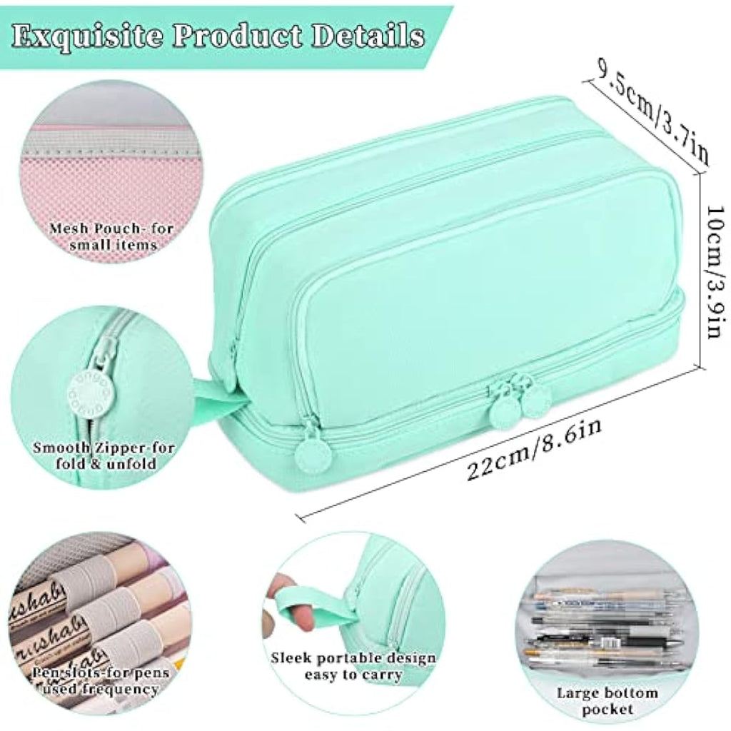 Tesmien Large Pencil Case | 4-Compartment Canvas Stationery Bag, Green