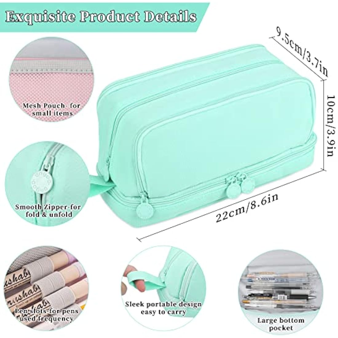 Tesmien Large Pencil Case | 4-Compartment Canvas Stationery Bag, Green