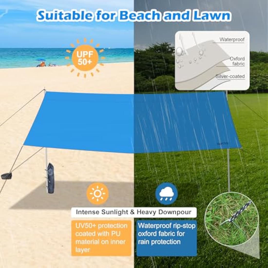 WADEO 12x12FT Waterproof Camping Tarp | UV Protection Beach Tent - Blue