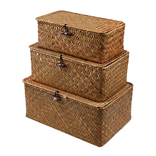 Jolof Store Seagrass Woven Storage Baskets with Lids - 3-Piece Set