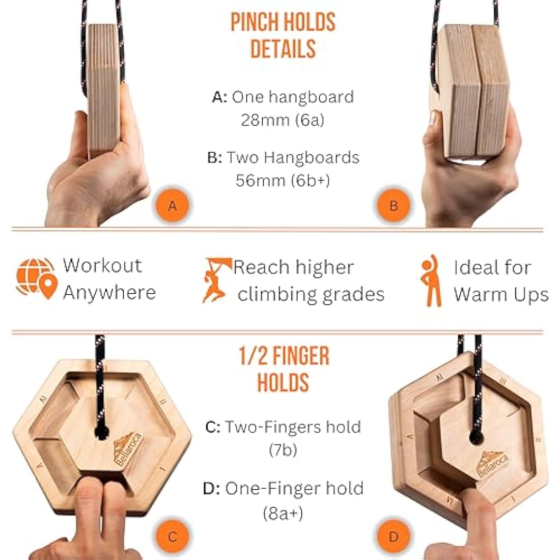 Bellaroca Portable Wooden Climbing Hangboard for Finger Strength