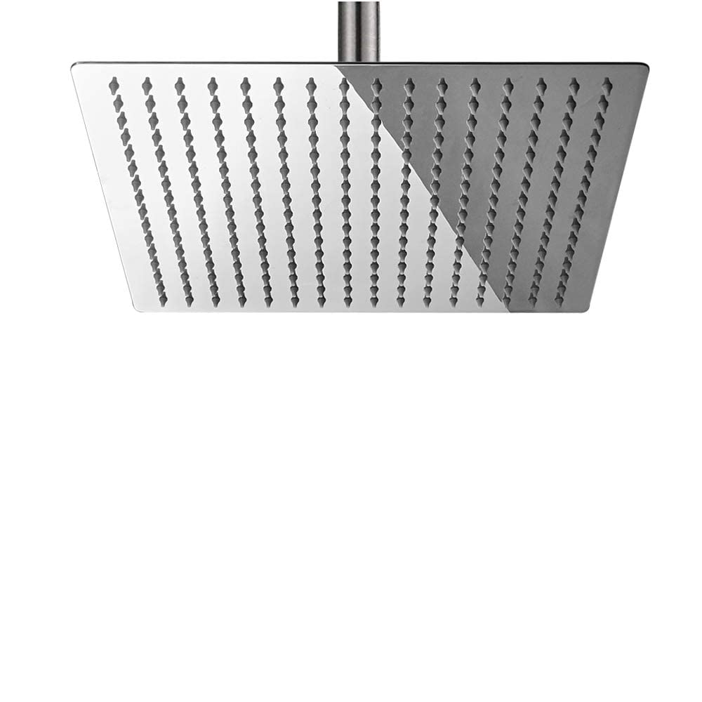 BESy 12 Inch Rain Shower Head | Square Stainless Steel Rainfall Head