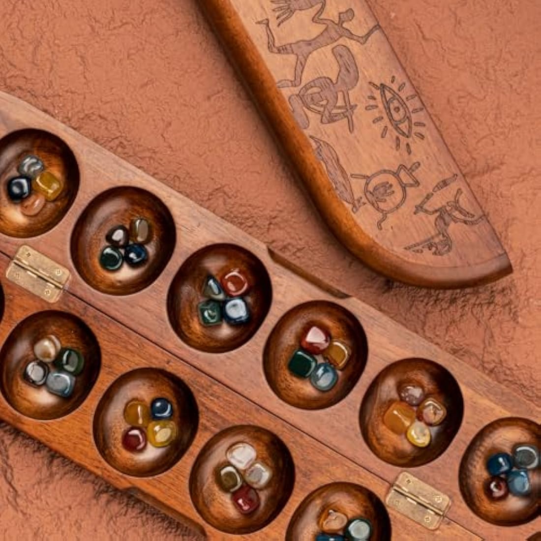 Jolof Store Wooden Mancala Set | Foldable Board with Natural Gemstones