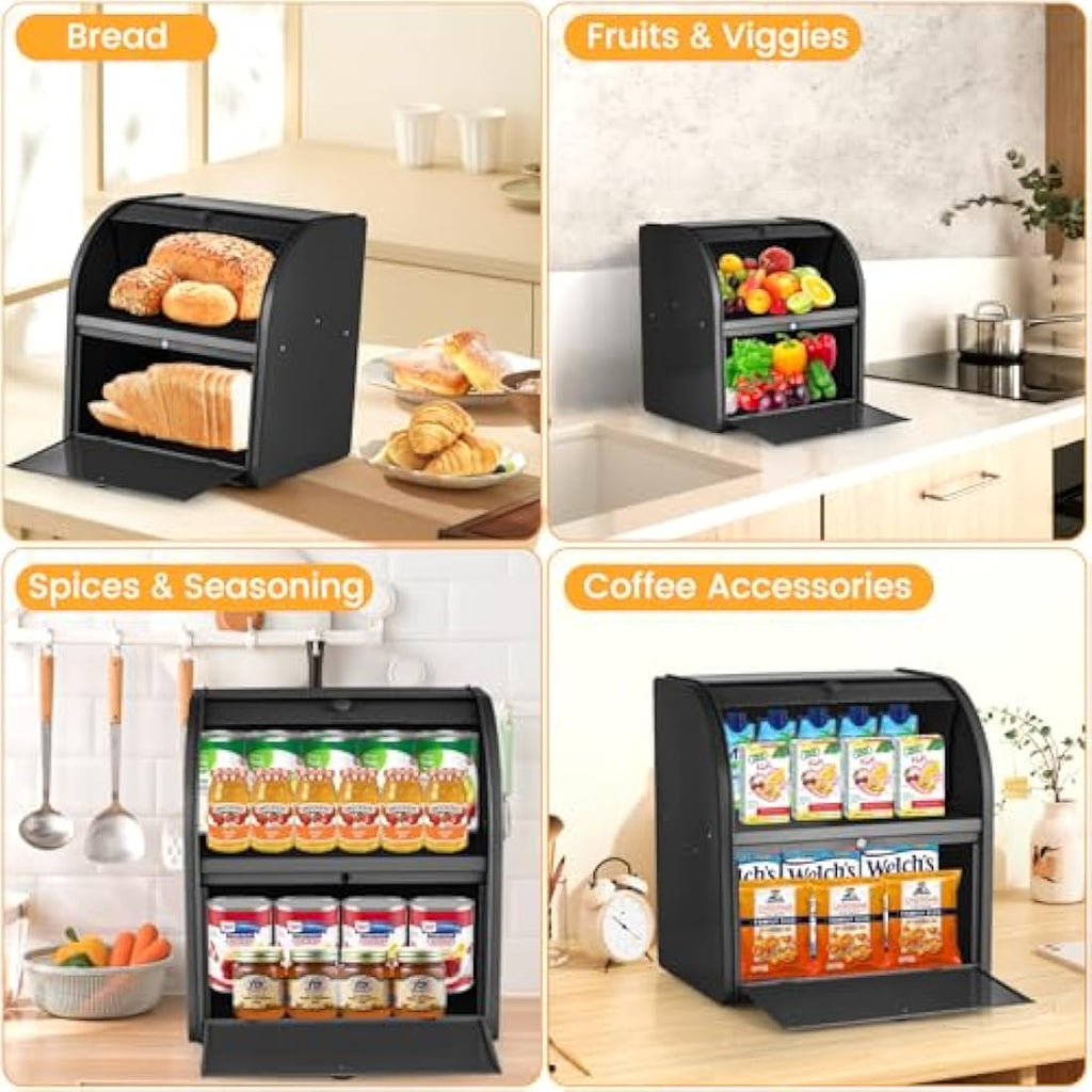 Esilihom 2-Layer Large Metal Bread Bin – Roll Top Kitchen Storage, Black