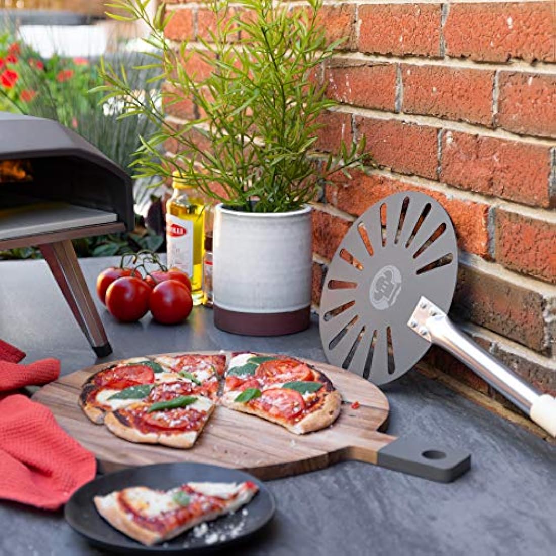Chef Pomodoro 9-Inch Perforated Pizza Turning Peel with 47" Wooden Handle