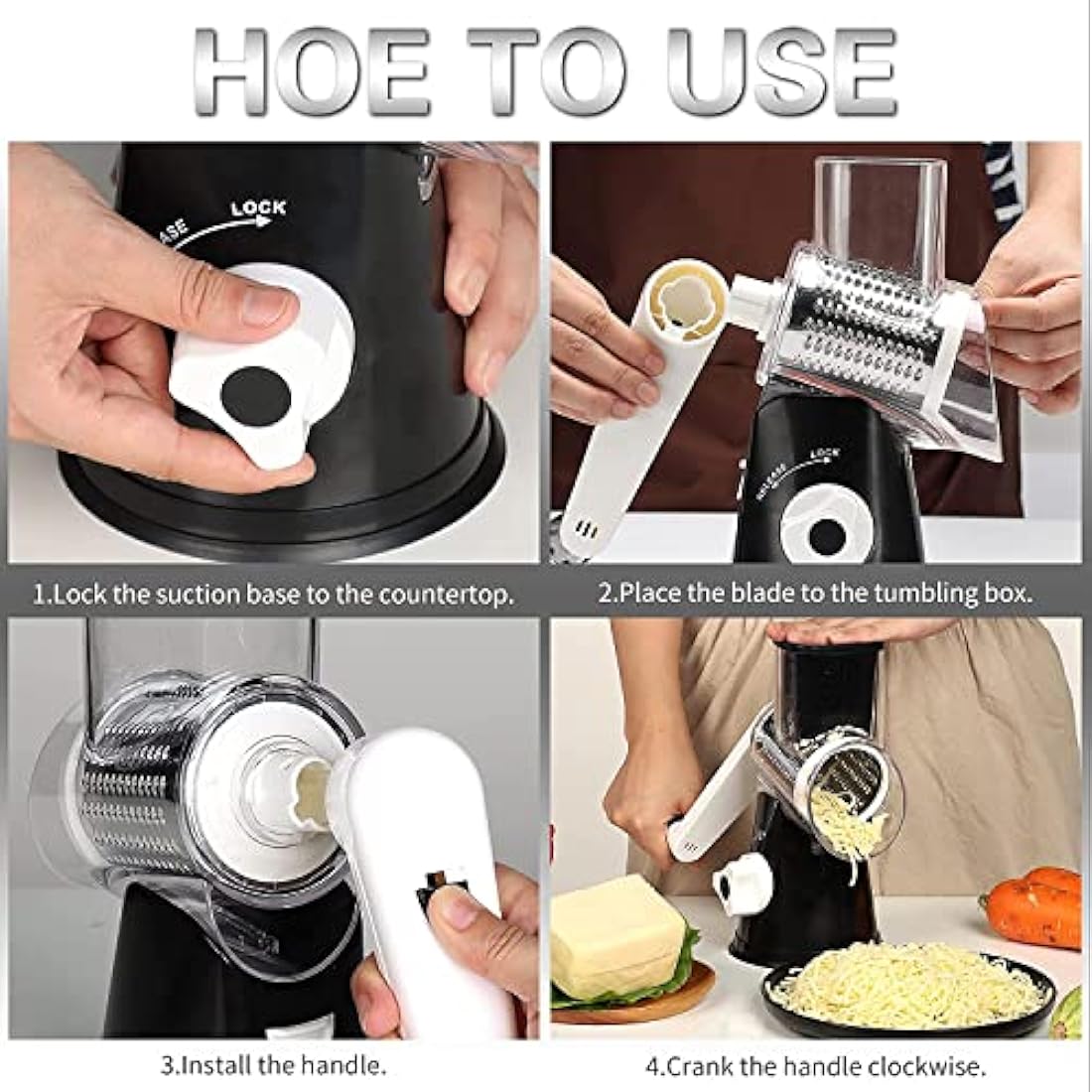 Ourokhome Rotary Cheese Grater and Vegetable Slicer with 3 Blades - Black