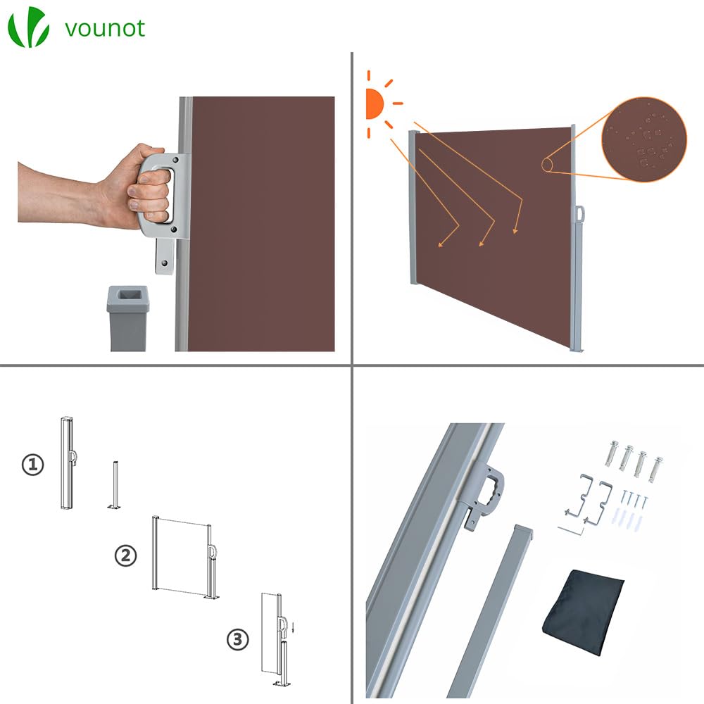 VOUNOT Retractable Side Awning | 180x300cm Privacy Screen | Dark Brown