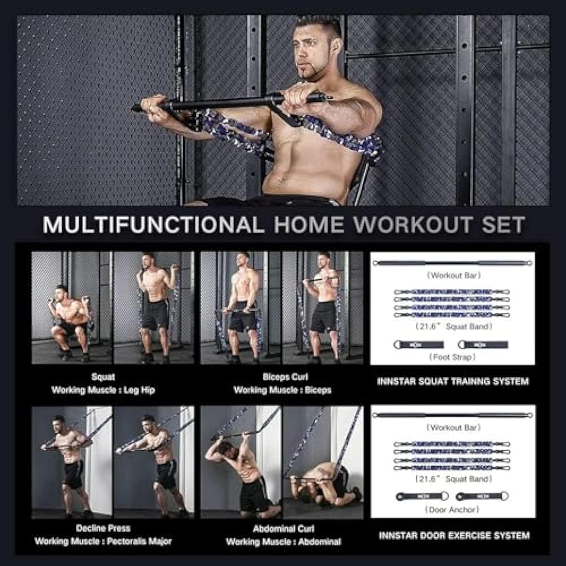 INNSTAR Portable Home Gym Set | Resistance Band Bench Press Kit
