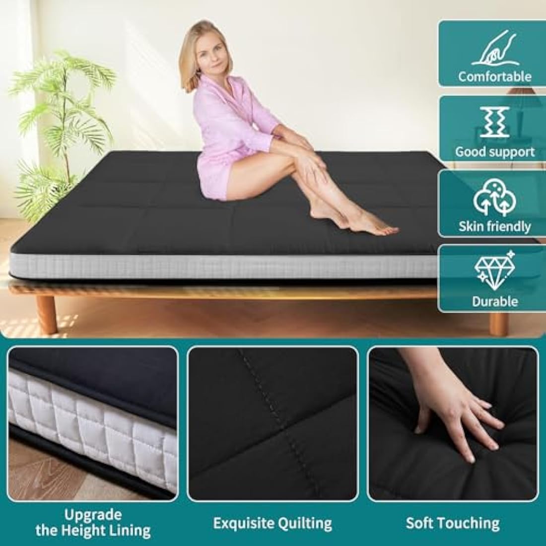SUNYRISY Japanese Futon Floor Mattress – Memory Foam Foldable Bed, Black