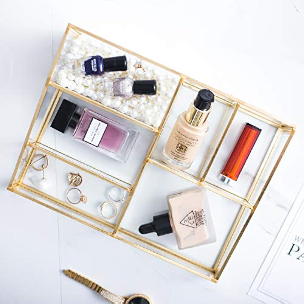 Jolof Store Glass Makeup Organizer – Gold Antique Cosmetic Storage Box