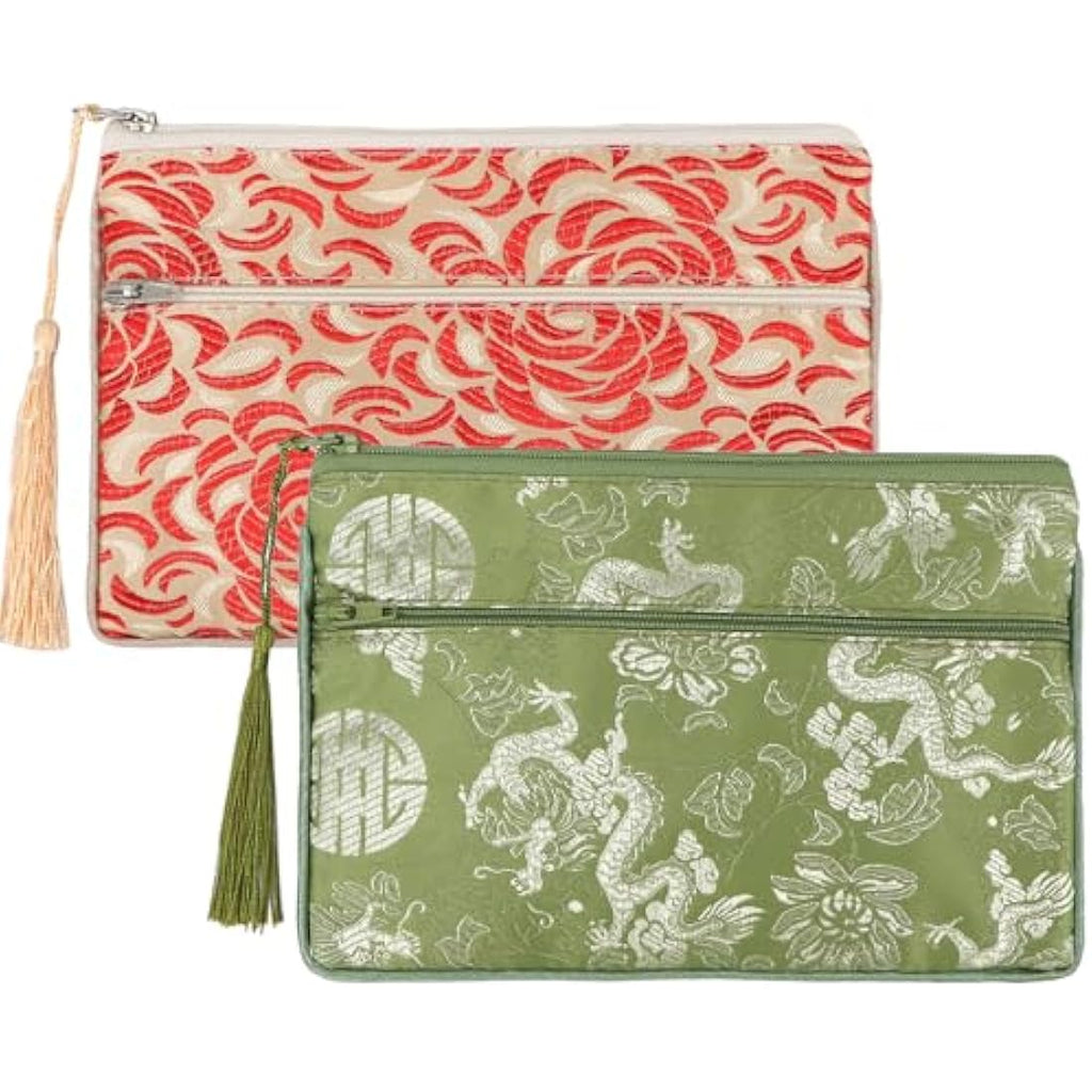 Jolof Store Chinese Silk Brocade Jewelry Pouch with Tassel, Set of 2