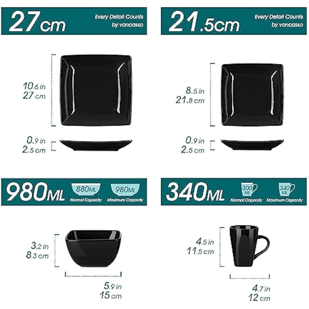 vancasso Soho 16-Piece Black Stoneware Dinner Set | Square Plates and Bowls