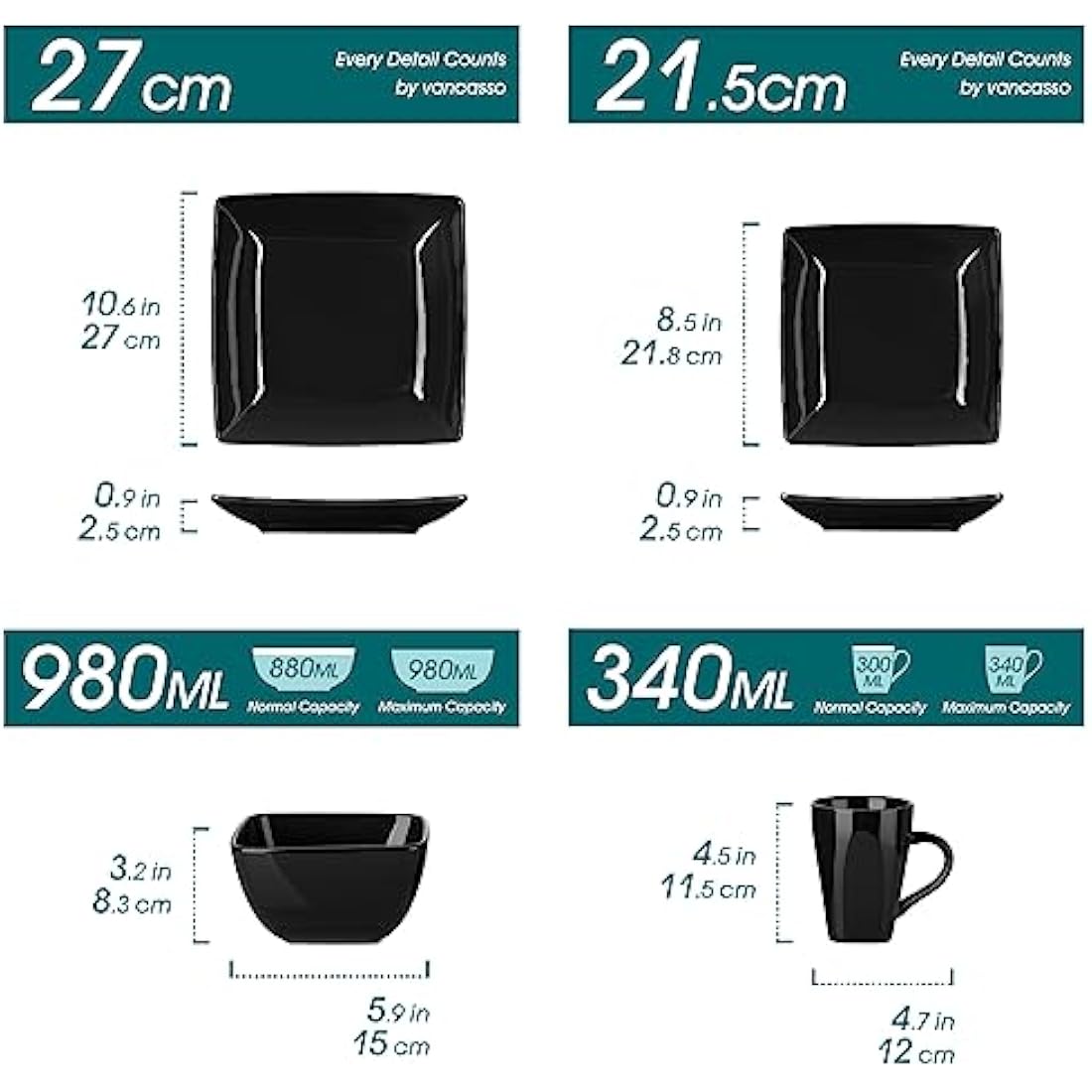 vancasso Soho 16-Piece Black Stoneware Dinner Set | Square Plates and Bowls