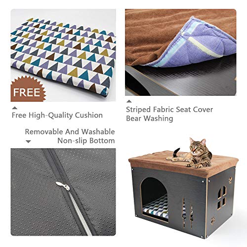 Foldable Wood Cat Cave House | 3-in-1 Pet Stool Ottoman