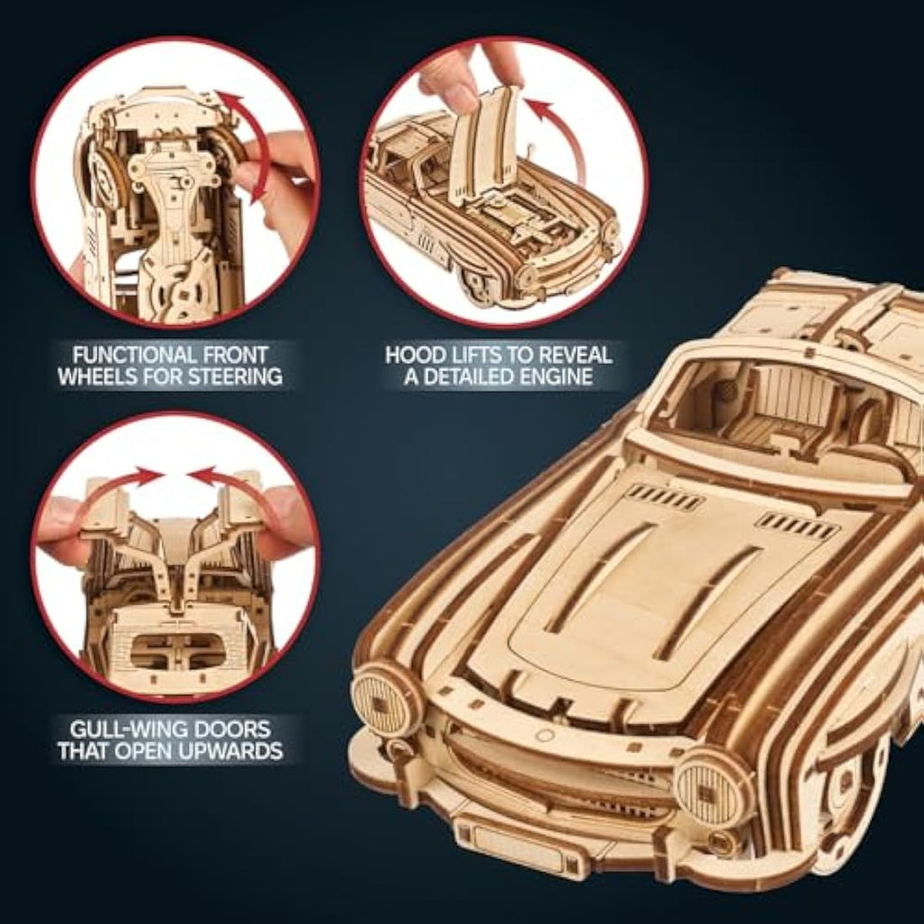 UGEARS Winged Sports Coupe 3D Wooden Puzzle – 1:24 Scale Model Car Kit