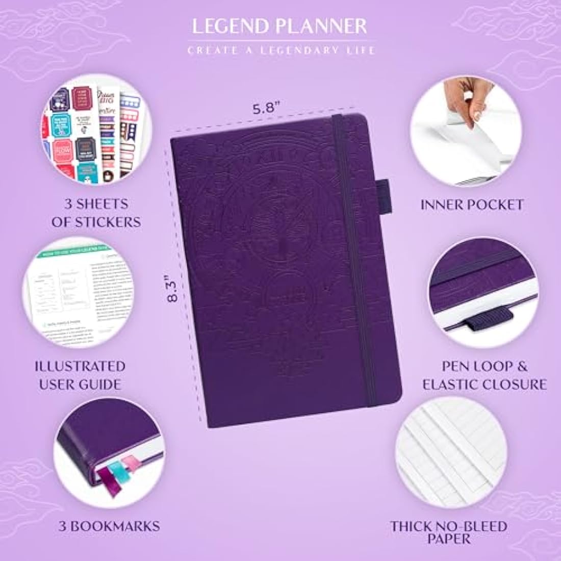 Legend Planner Undated Daily Productivity Journal – A5 Dark Purple PU Leather
