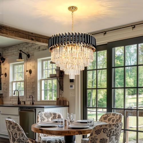AOOCHOK Modern Crystal Chandelier – Black and Gold Round Pendant Light