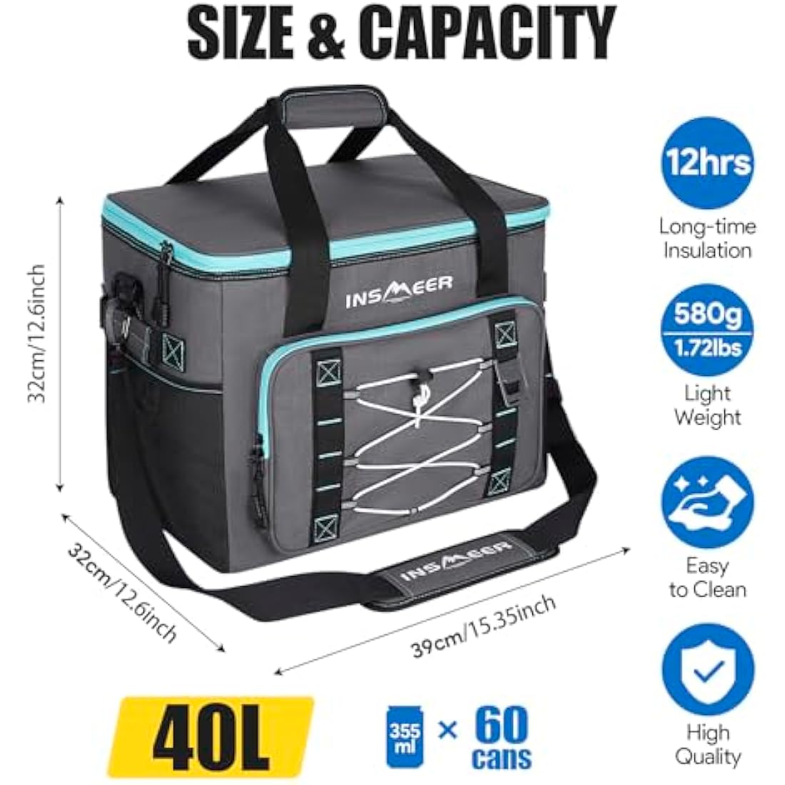 INSMEER 40L Insulated Soft Cooler Bag | 60-Can Leakproof Foldable Bag