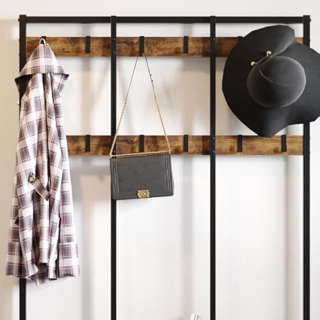 Dripex Industrial Hall Tree Coat Rack with Shoe Bench and 12 Hooks