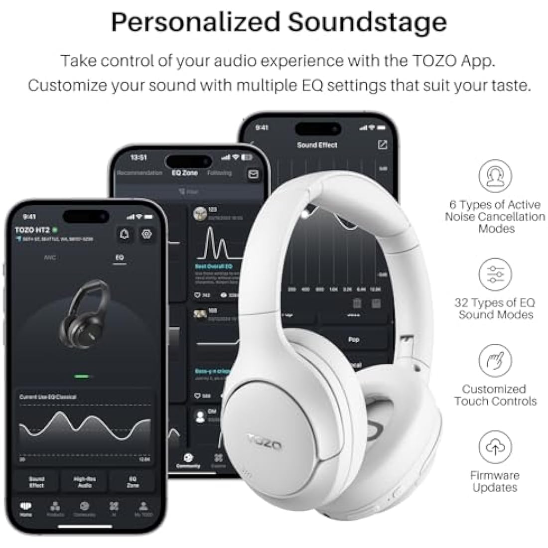 TOZO HT2 Hybrid Active Noise Cancelling Over Ear Wireless Headphones