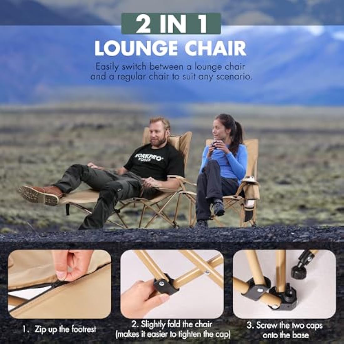 VILLEY Reclining Camping Chair | Portable 2-in-1 Lounge with Footrest