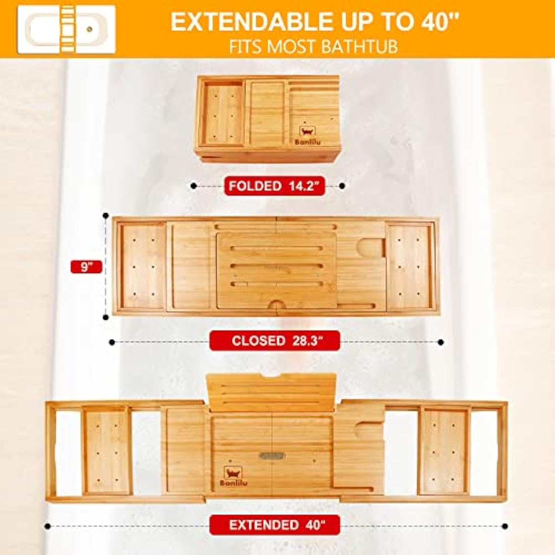 Banlilu Bamboo Bath Tray – Expandable Foldable Bathtub Caddy Organizer