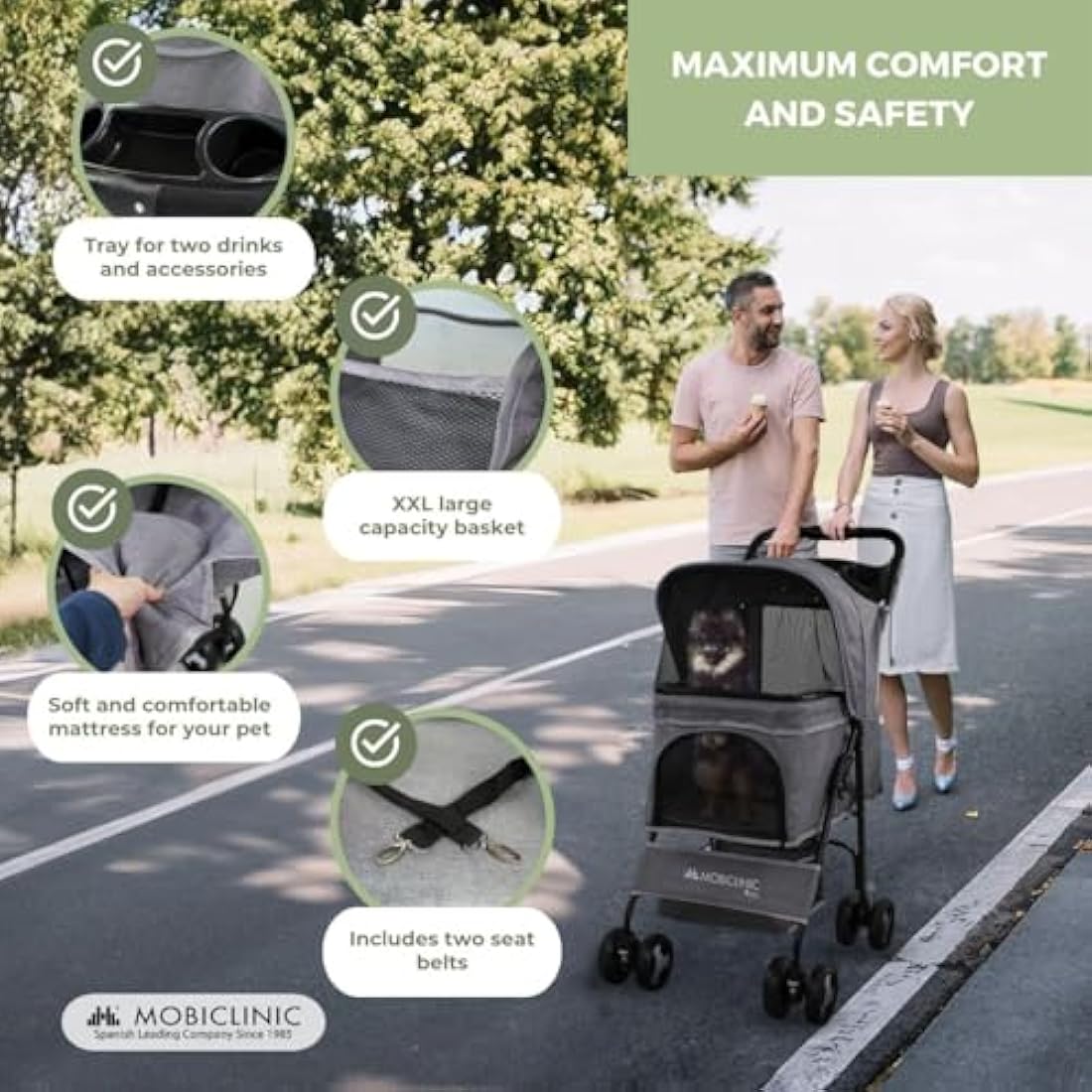 Mobiclinic Zuma Foldable Dog Pram - 15kg Pet Stroller with 360° Wheels