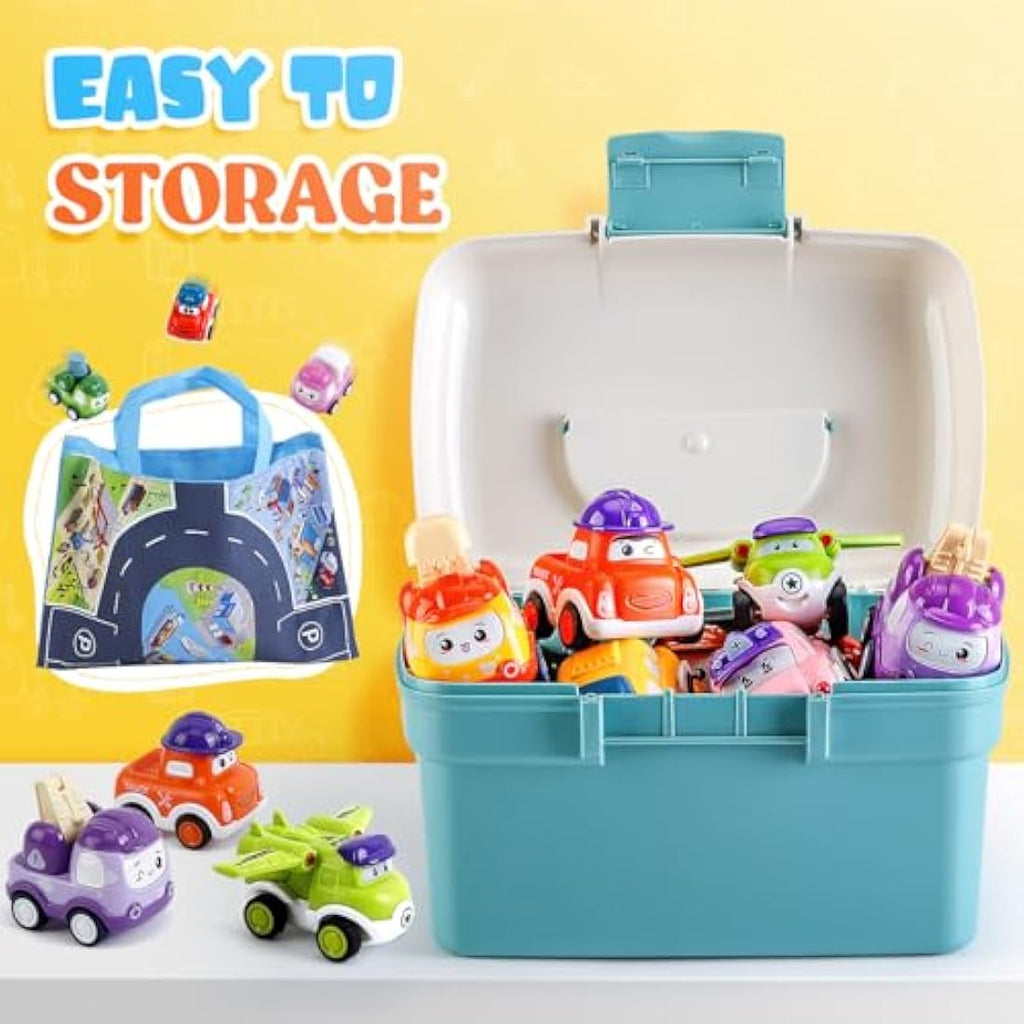LULULIA 12-Piece Pull Back Toy Cars with Playmat and Storage Box