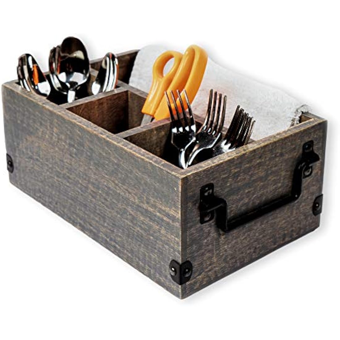 GoCraft Grey Washed Mango Wood 4-Compartment Flatware and Napkin Caddy