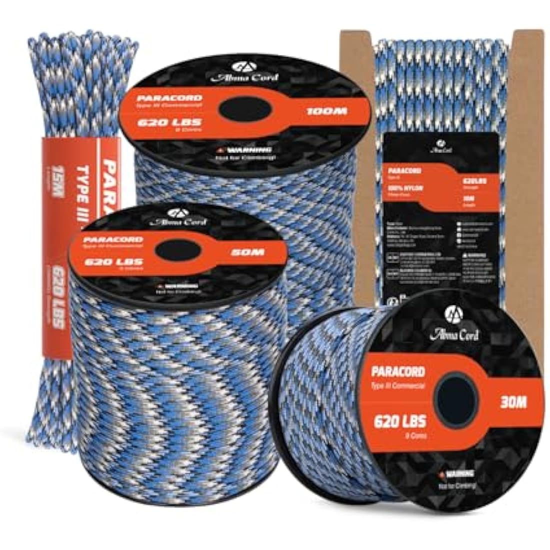 Abma Cord 4mm Type III Nylon Paracord - 100m 9-Strand Rope, Blue Snake