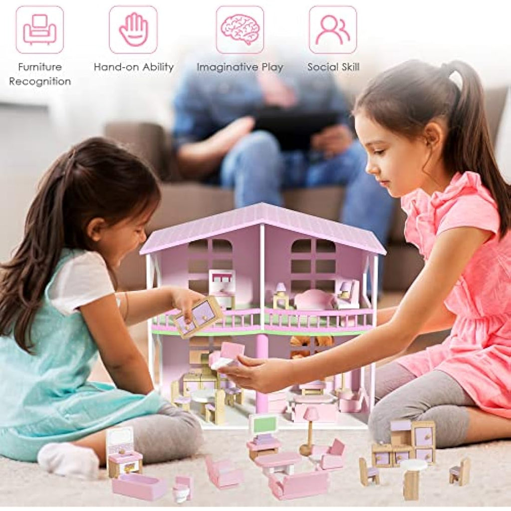 Lawcephun 22-Piece Wooden Dollhouse Furniture Set, 1:12 Scale Pink Kit