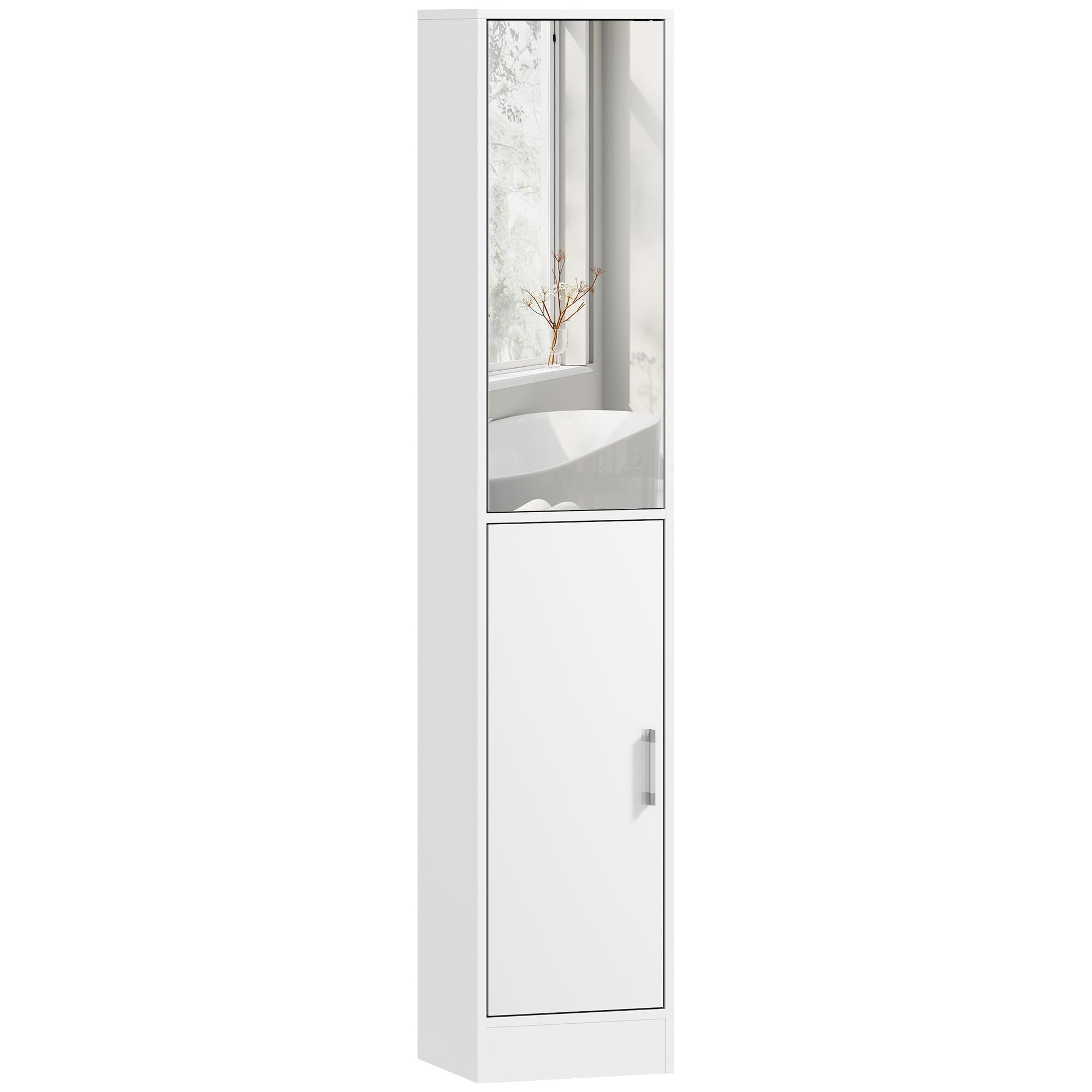 Kleankin Tall Mirrored Bathroom Cabinet | Slim Floor Storage Unit, White