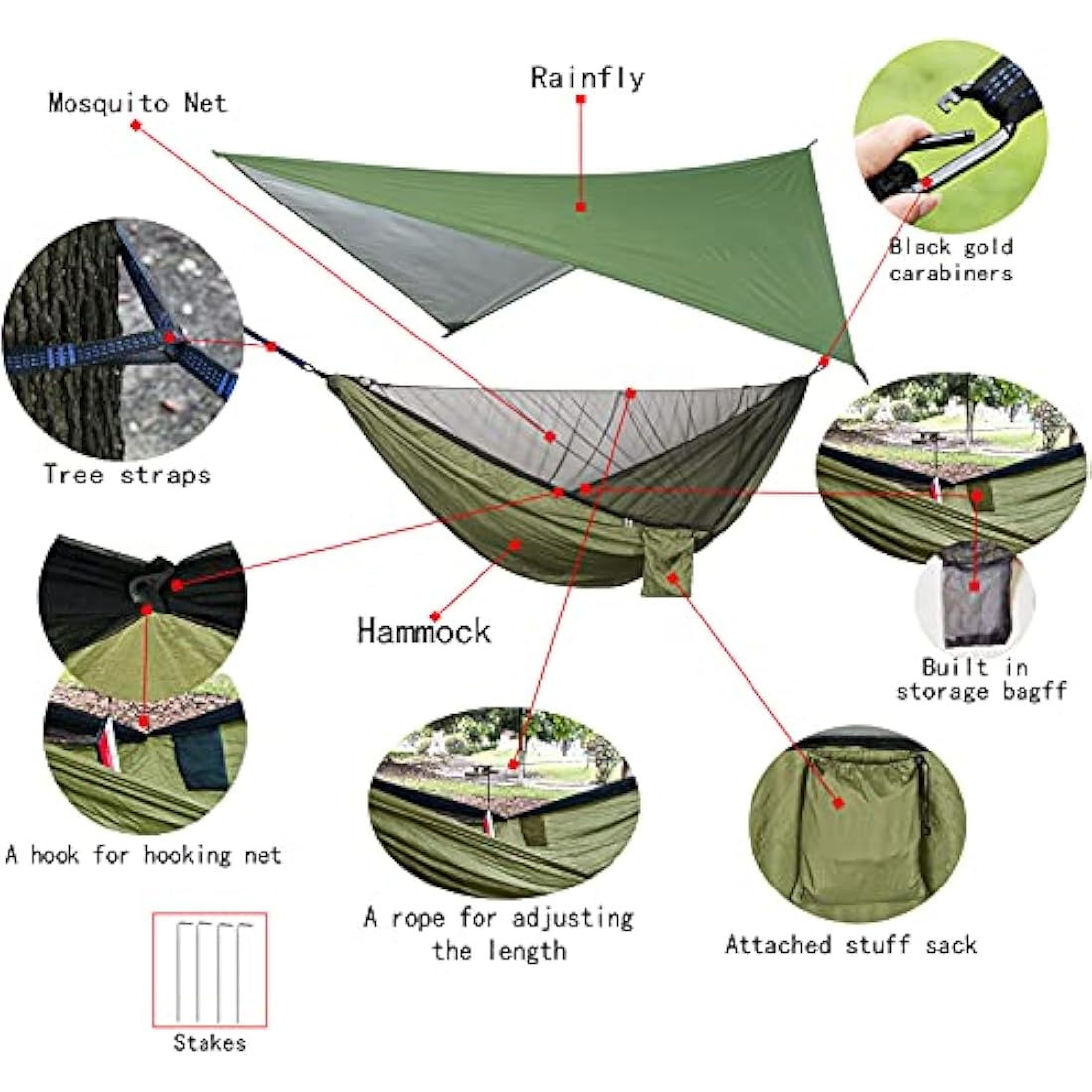 Camping Hammock Set with Mosquito Net and Rainfly – Army Green