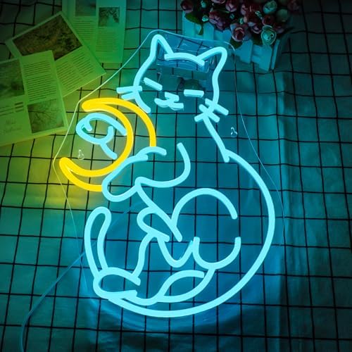 Horseneon Cat and Moon Neon Sign | Dimmable LED Wall Decor for Bedroom