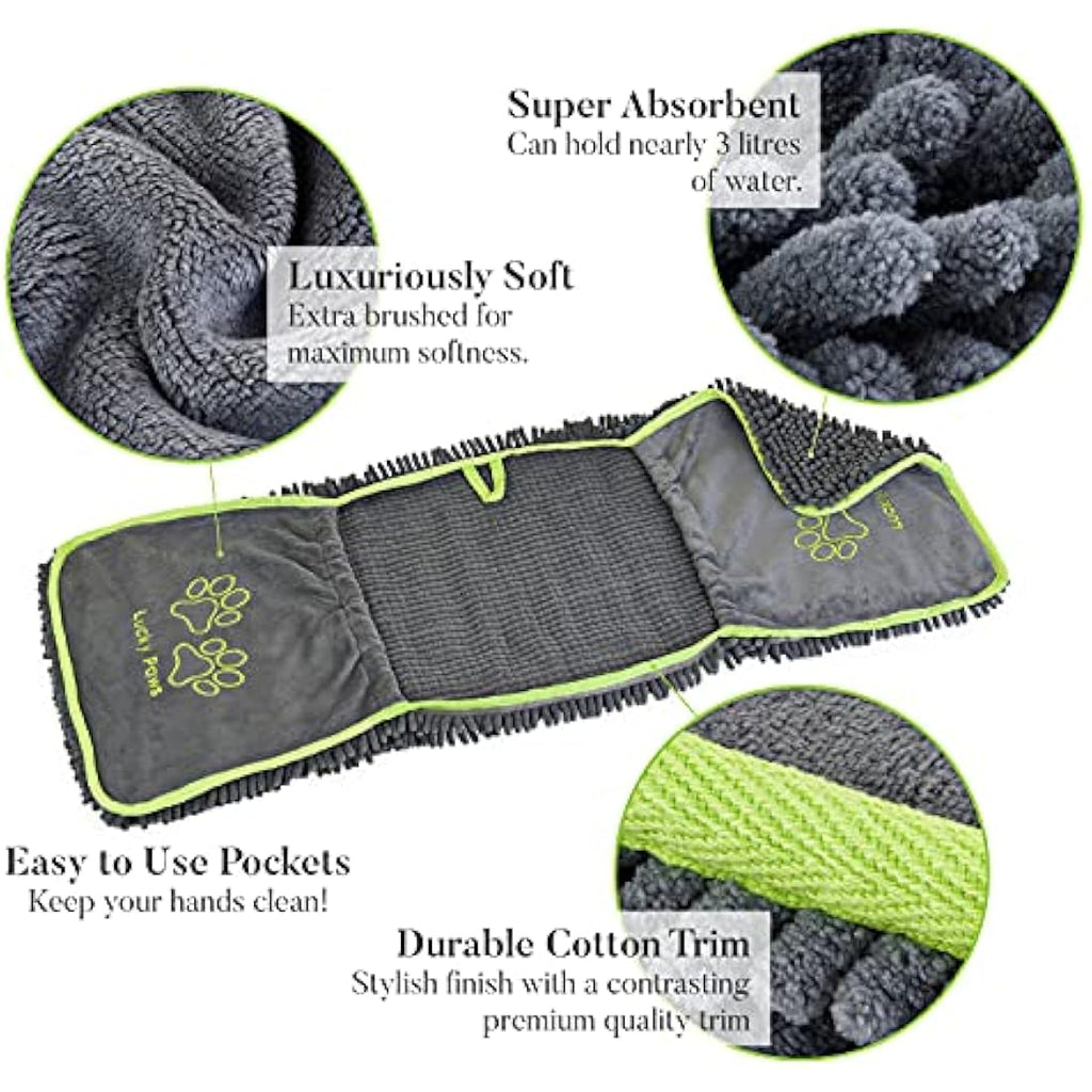 Lucky Paws Chenille Dog Towel with Hand Pockets – Absorbent Teal, 2 Pack