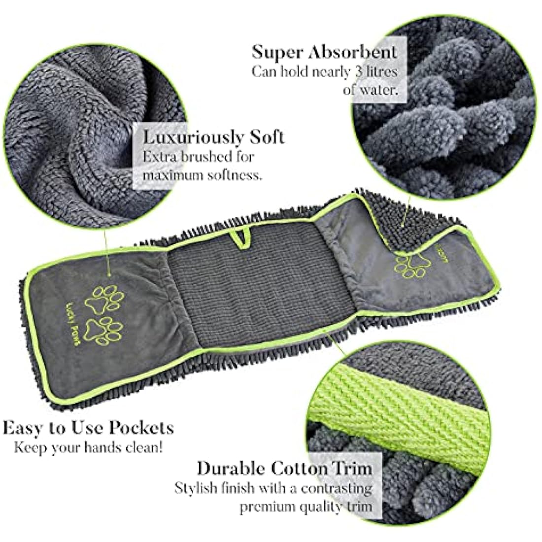 Lucky Paws Chenille Dog Towel with Hand Pockets – Absorbent Teal, 2 Pack