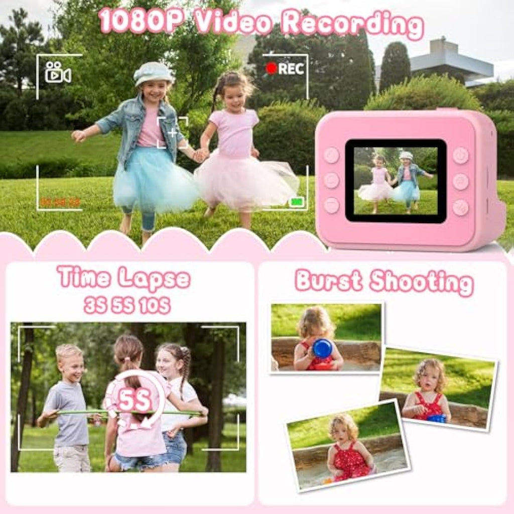 Hangrui Kids Instant Print Camera - 1080P Digital Toy with 32GB Card - Pink