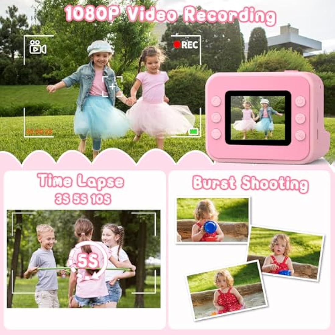 Hangrui Kids Instant Print Camera - 1080P Digital Toy with 32GB Card - Pink