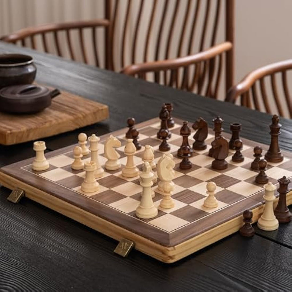 A&A 15" Magnetic Wooden Chess Set | Walnut Folding Board & Staunton Pieces