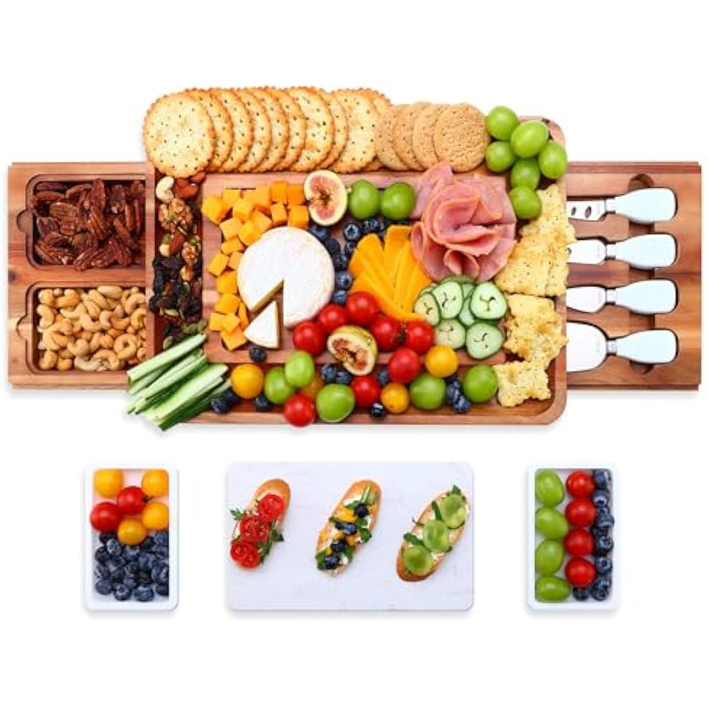 hecef Acacia Wood Charcuterie Board Set with Marble Slate and Cutlery