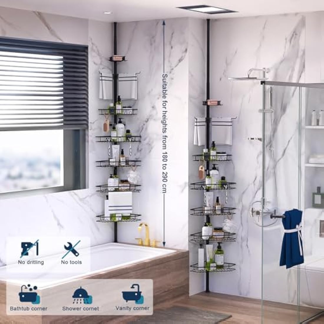 Mutool 7-Tier Telescopic Corner Shower Caddy – Adjustable Metal Shelf, Black