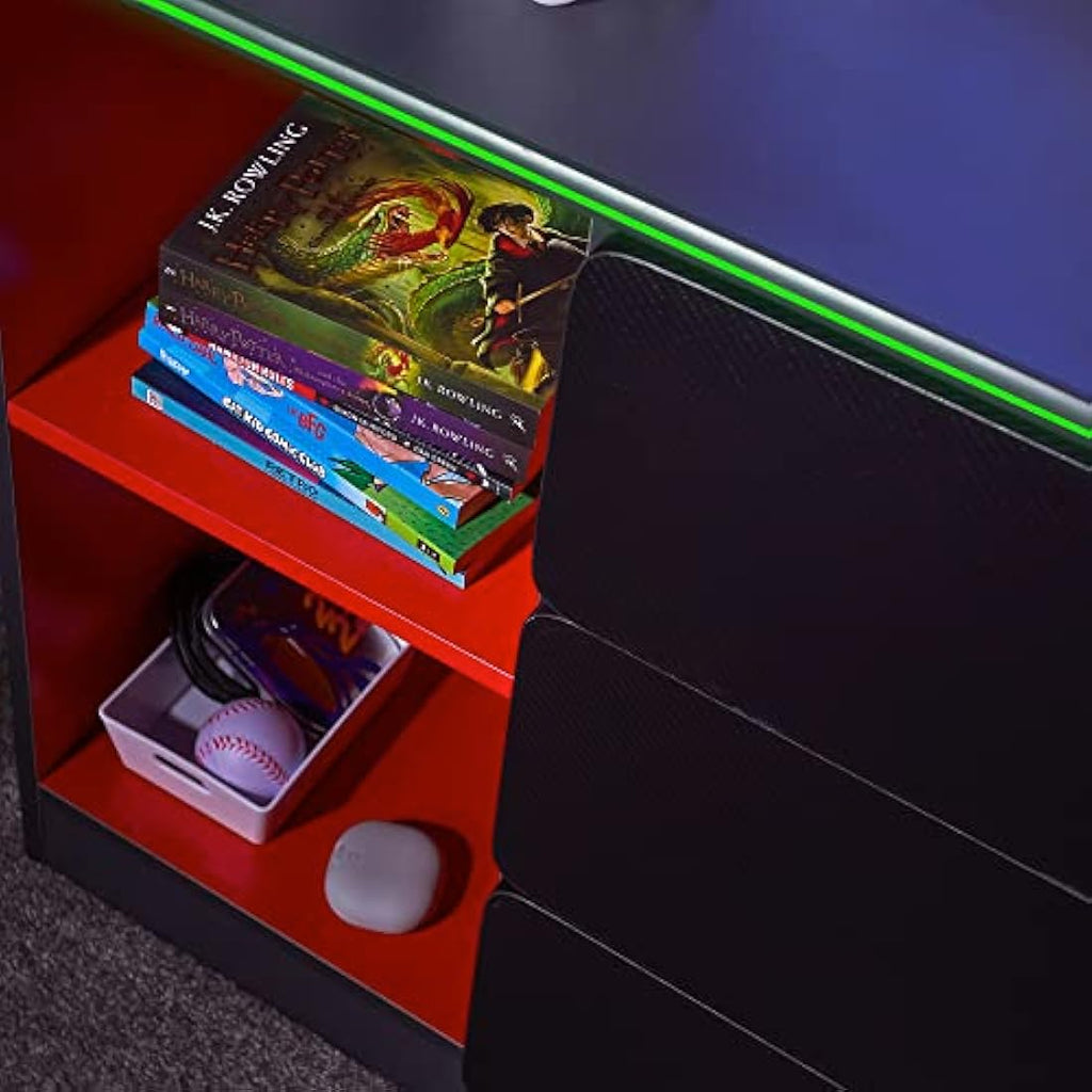 X-Rocker 3 Drawer Chest with RGB LED Lighting – Grey/Red Gaming Dresser