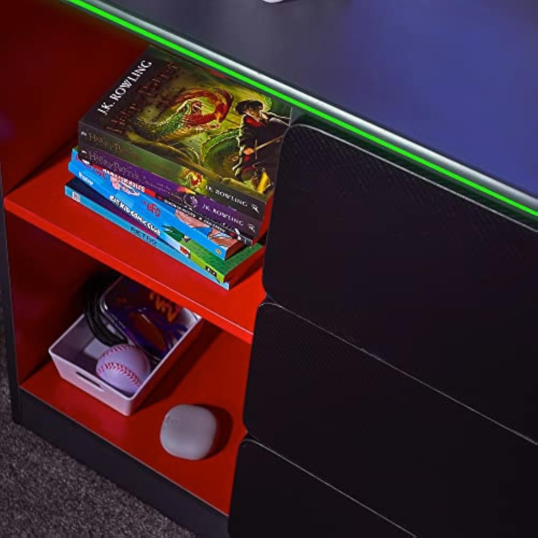 X-Rocker 3 Drawer Chest with RGB LED Lighting – Grey/Red Gaming Dresser