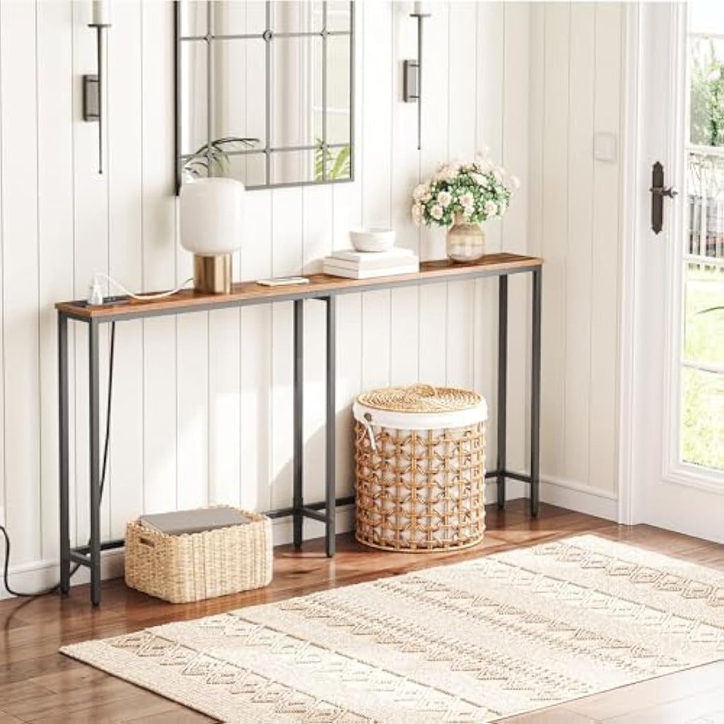 HOOBRO 160cm Narrow Console Table with Charging Station | Rustic Brown