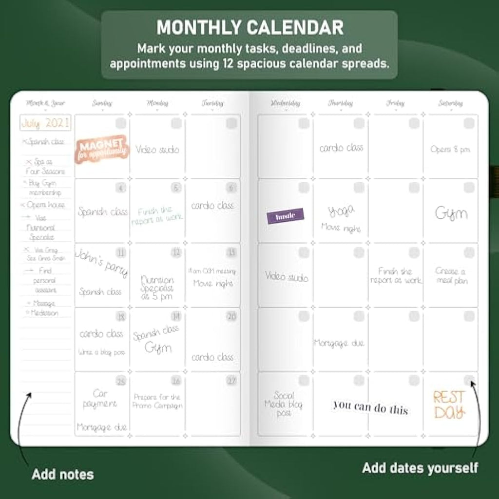 GoGirl Undated Hourly Planner – A5 Forest Green Eco-Leather Agenda