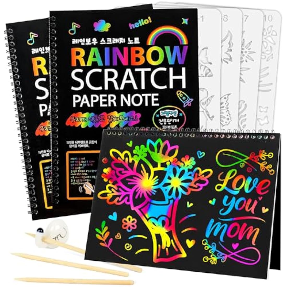 Mocoosy Rainbow Scratch Art Notebooks – 3 Pack Magic Drawing Pads for Kids