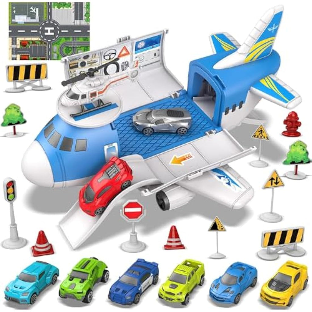 Kramow Airplane Toy Set with Play Mat, 8 Cars and Helicopter for Kids
