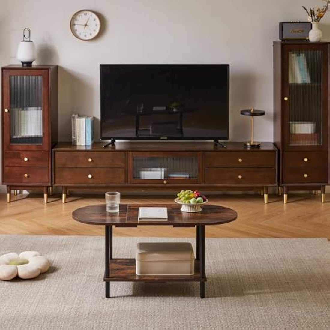 Aibiju 2-Tier Wooden Coffee Table – Oval Rustic Brown Living Room Table