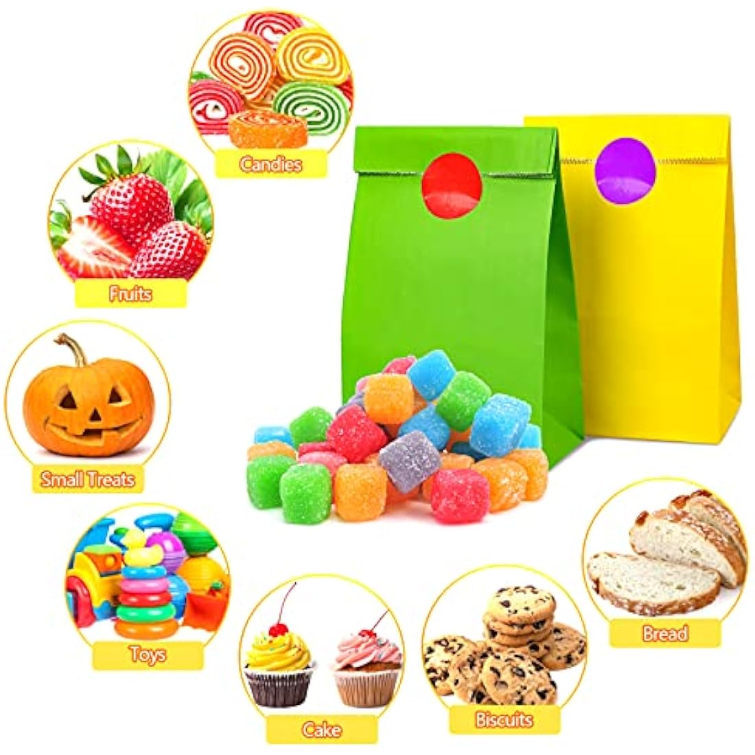 TOOELMON 50 PCS Multi-Color Kraft Paper Party Bags with 60 Stickers