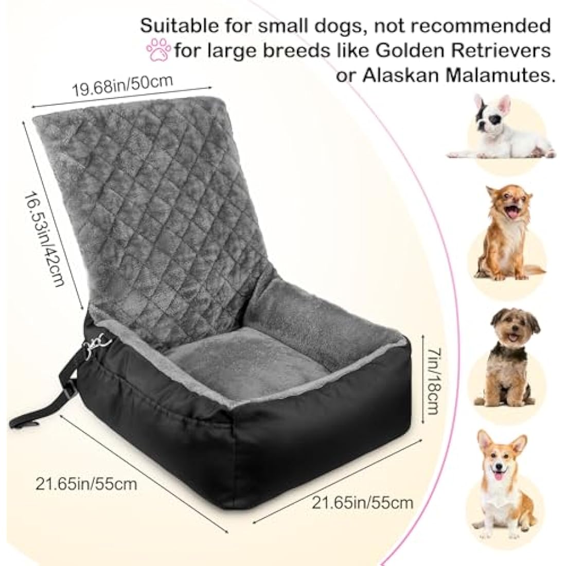 Dog Car Booster Seat – Washable Plush Pet Travel Bed, Black
